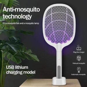 2-in-1 Electric Mosquito Killer – UV LED Lamp + Trap Racket, USB Rechargeable